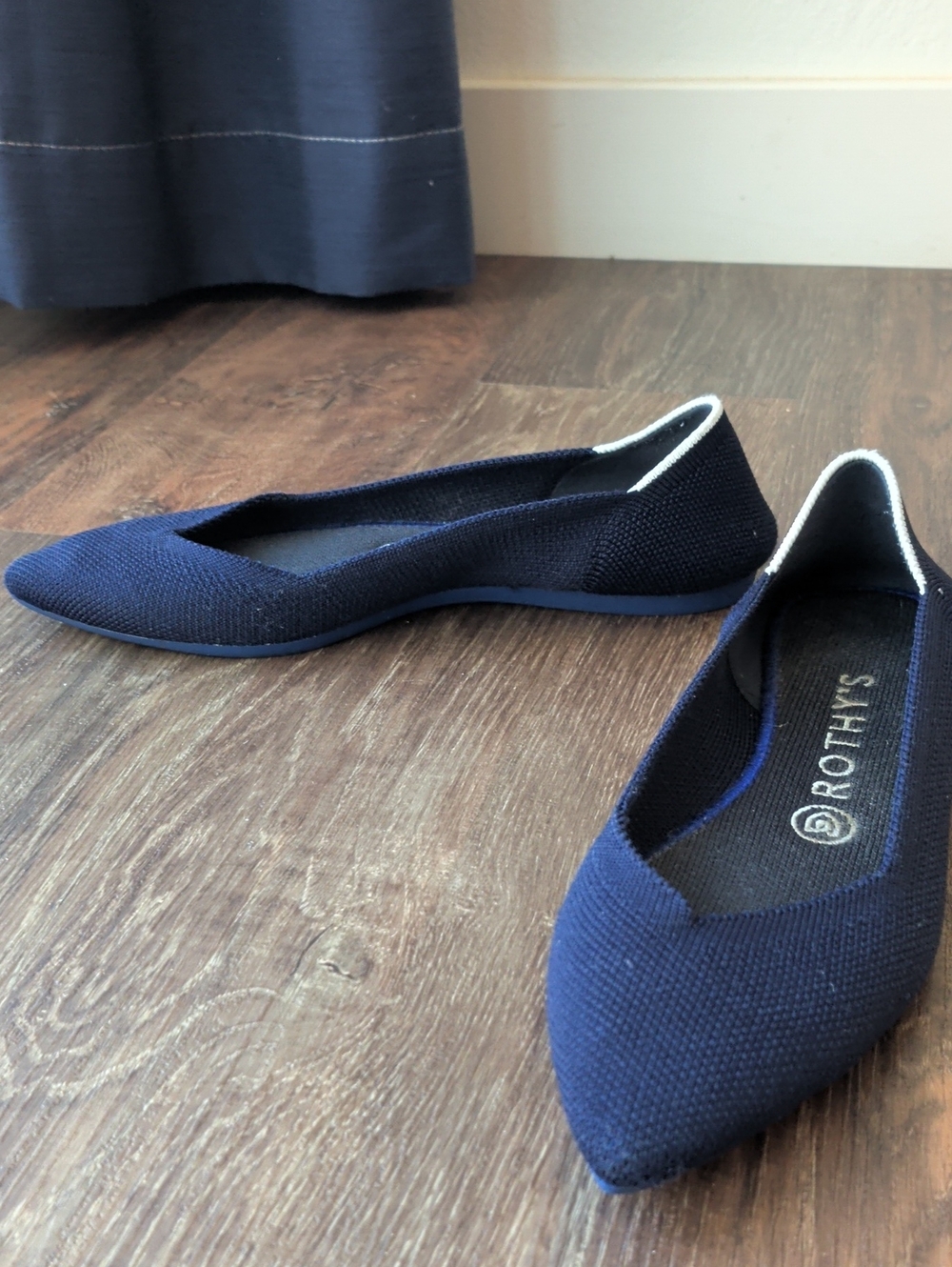 Rothy's Navy Pointed Knit Flats with White Trim
